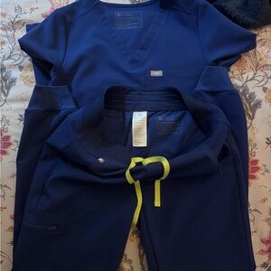 Figs Deep Blue Scrub Set with Neon Accents
